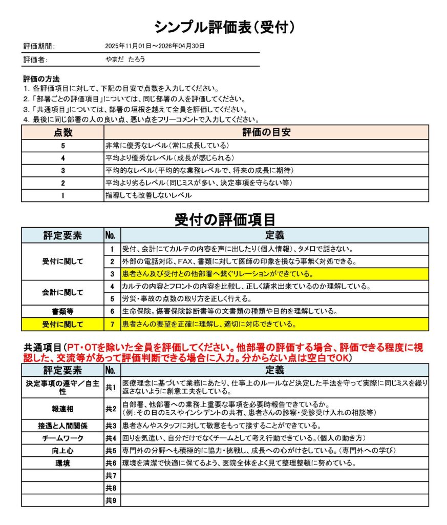 2025年11月と2026年5月に実施の評価表